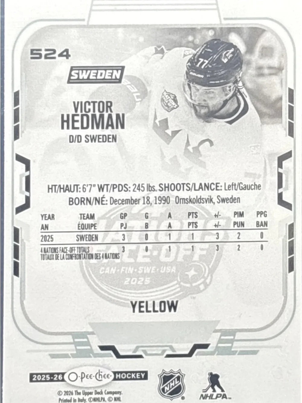 O-Pee-Chee Victor Hedman Hockey Trading Card – Yellow